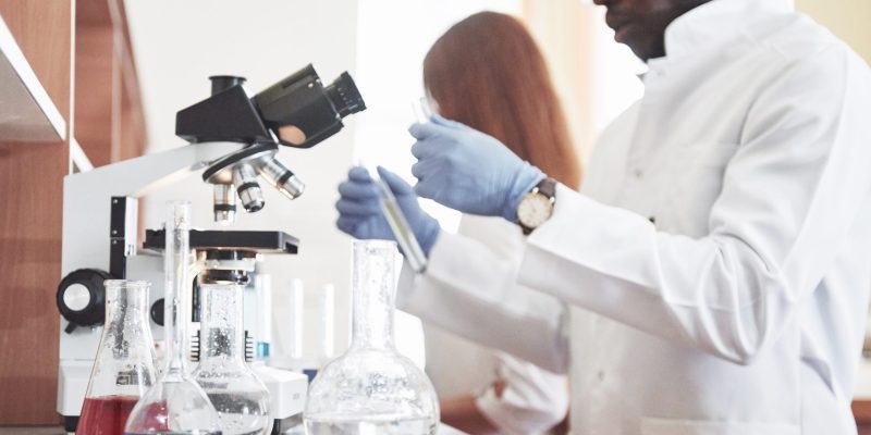 Laboratory laboratories conduct experiments in a chemical laboratory in transparent flasks. Output formulas.